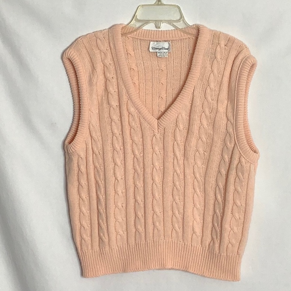 Vintage Peach V-Neck Cable Knit Sweater Vest Size M Preppy Academia - Picture 7 of 11